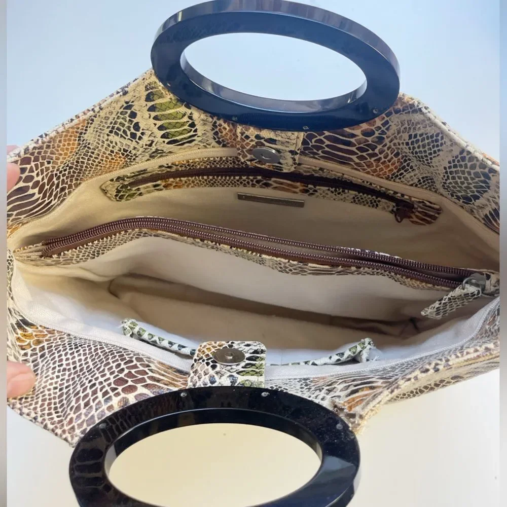 Vintage Sondra Roberts Brown and Black clutch purse with Exotic Snakeskin Print